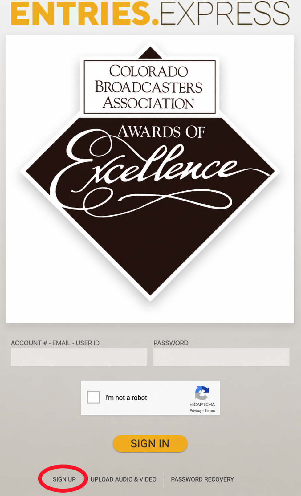 Entries Express sign-in page with the Sign Up link circled at the lower left