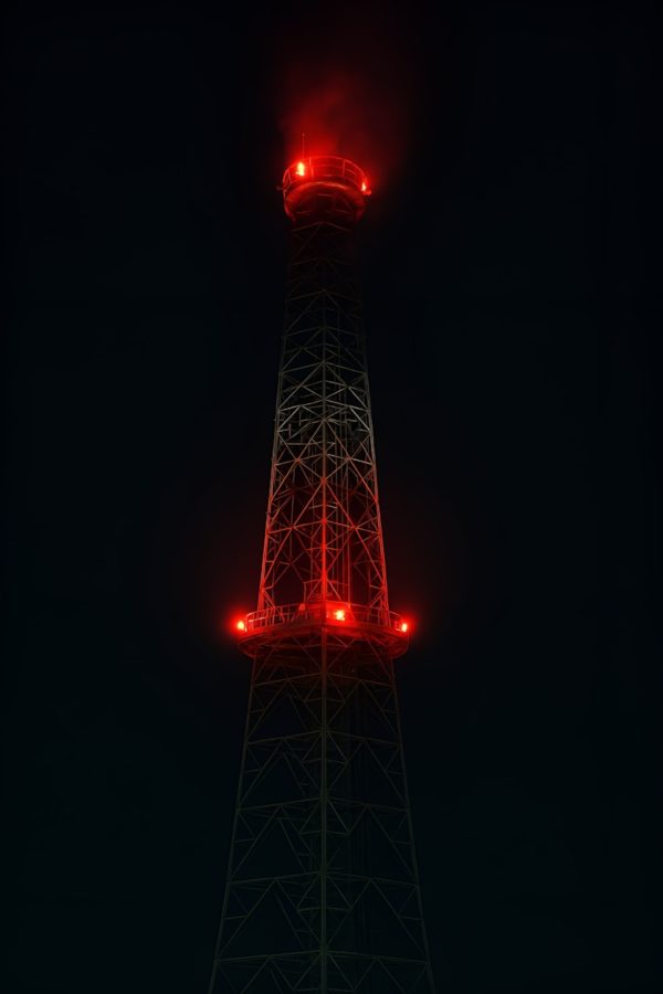 A tall tower glows red against the night sky.